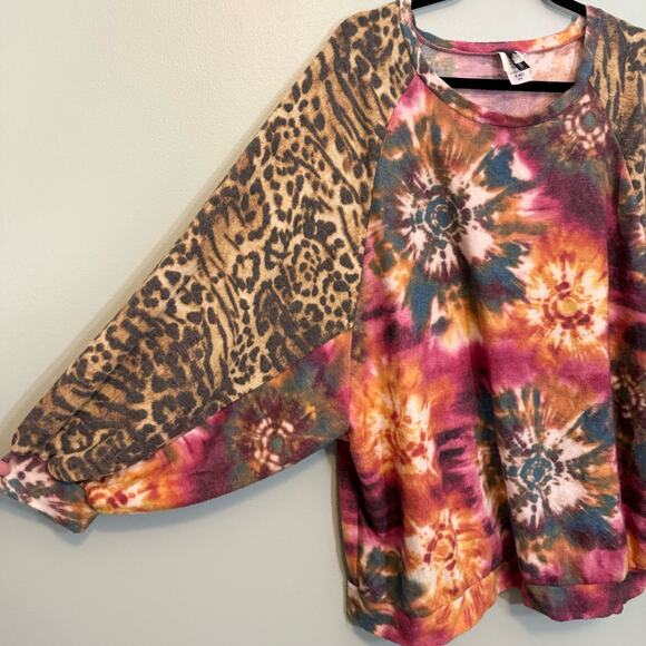 Yahada Top Womens 2X Plus Long Sleeve Tie Dye Cheetah Print Dolman Sleeve USA - Picture 6 of 8